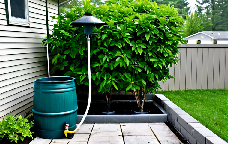 Rain Barrel Setup**

"A typical suburban backyard with a well-maintained garden. A dark green rain barrel is connected to a downspout of a light grey house. The rain barrel has a spigot and is placed on top of two cinder blocks. Lush green plants are visible, being watered with a watering can by a woman wearing gardening gloves and appropriate gardening attire, fully clothed. Overcast sky. safe for work, appropriate content, family-friendly, perfect anatomy, natural proportions, professional photography, realistic."

**