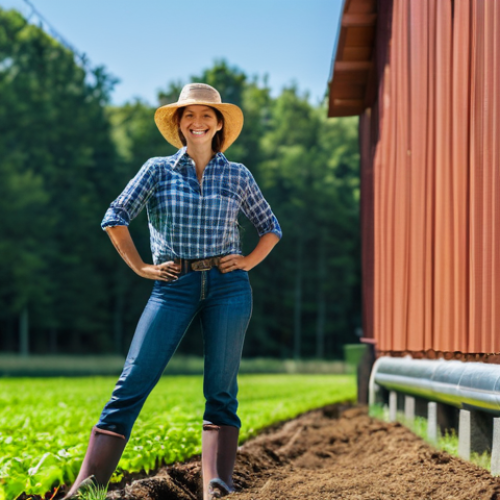 Home 4 농업 빗물 재활용 시스템의 설계 - A bright, sunny day on a sustainable farm. A diligent female farmer, in her mid-30s, dressed in prac...