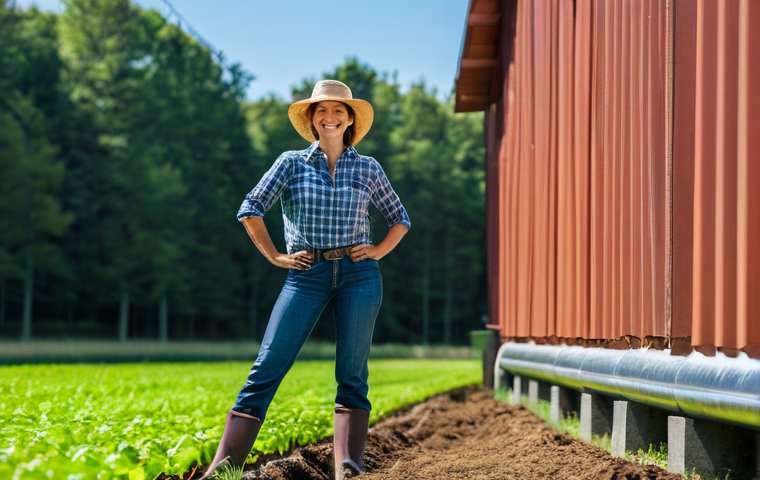 농업 빗물 재활용 시스템의 설계 - A bright, sunny day on a sustainable farm. A diligent female farmer, in her mid-30s, dressed in prac...