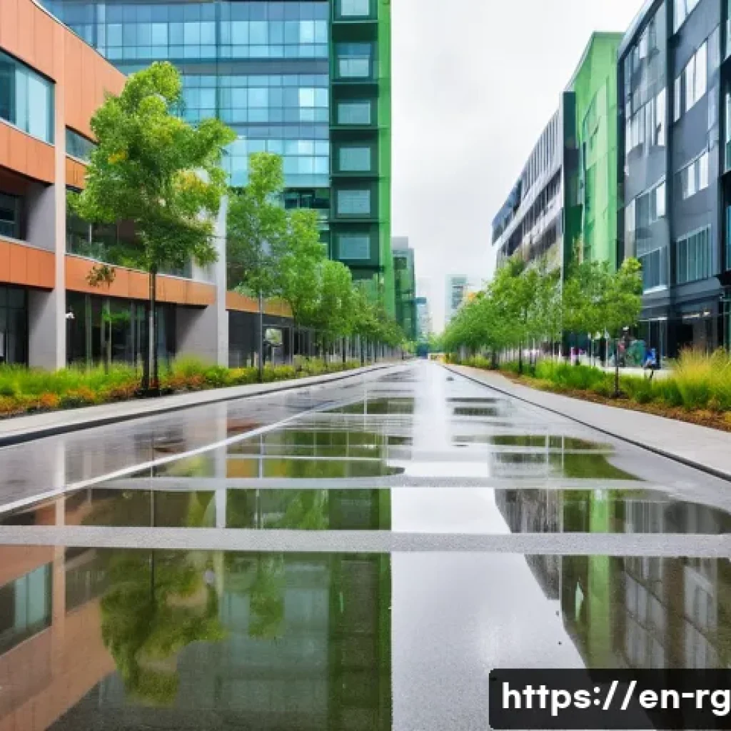 도시 내 빗물 재활용 방안 - A vibrant urban streetscape featuring permeable pavements on sidewalks and parking areas during a li...