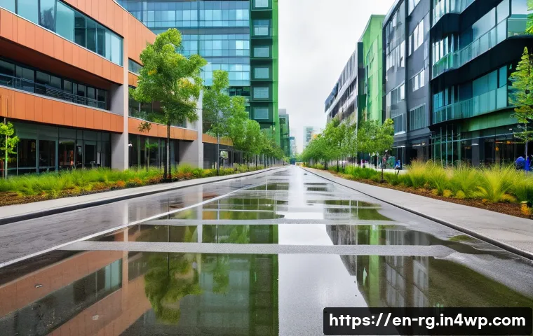 도시 내 빗물 재활용 방안 - A vibrant urban streetscape featuring permeable pavements on sidewalks and parking areas during a li...