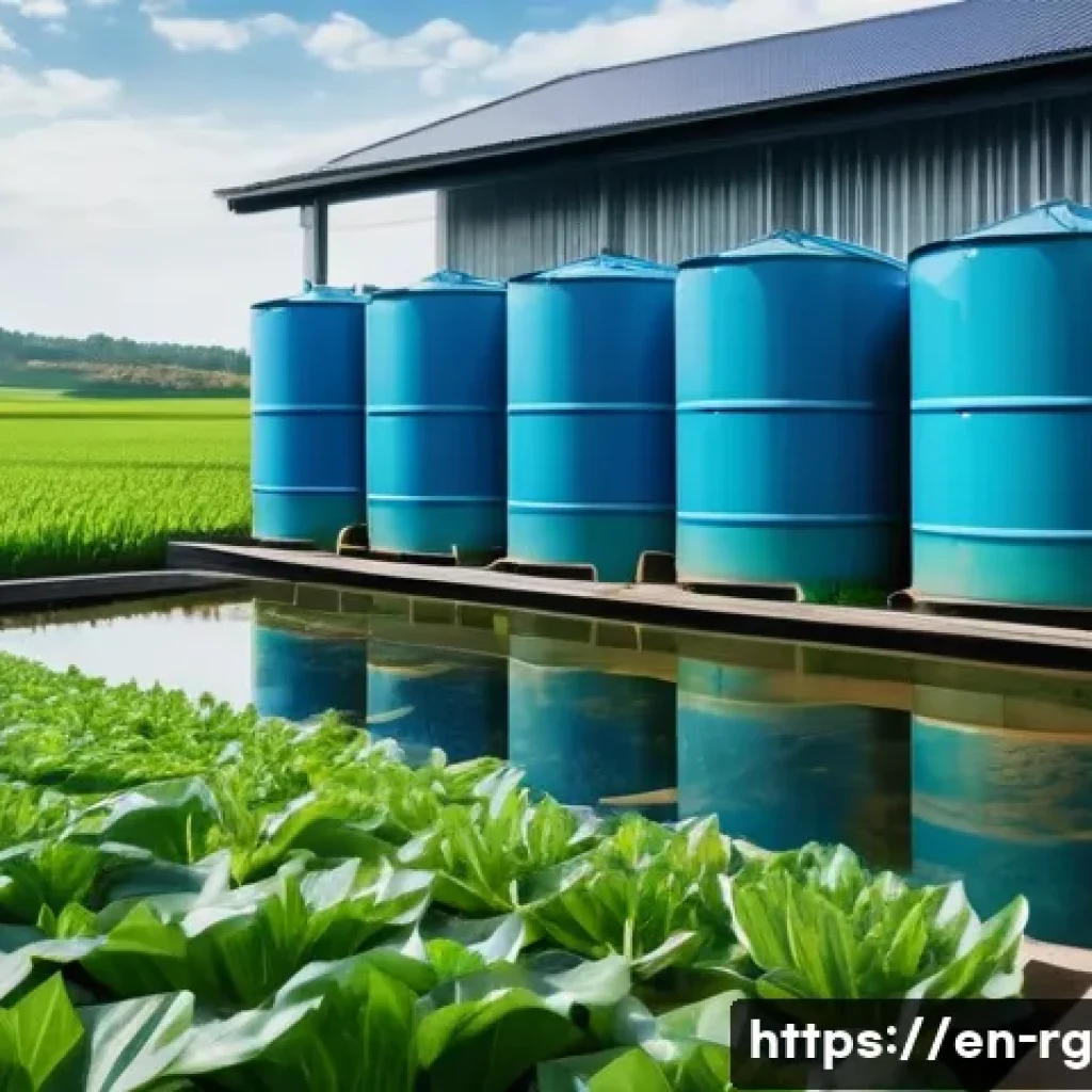 시골 지역에서의 빗물 재활용 효과 - A vibrant rural farm scene during daylight, showcasing a modern rainwater harvesting system with lar...