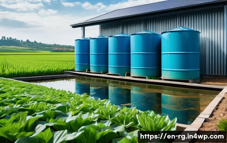 시골 지역에서의 빗물 재활용 효과 - A vibrant rural farm scene during daylight, showcasing a modern rainwater harvesting system with lar...