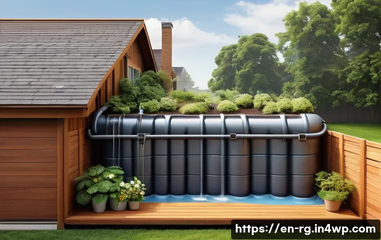 빗물 재활용 설계 시 고려사항 - A highly detailed photorealistic cutaway of a residential rainwater-harvesting