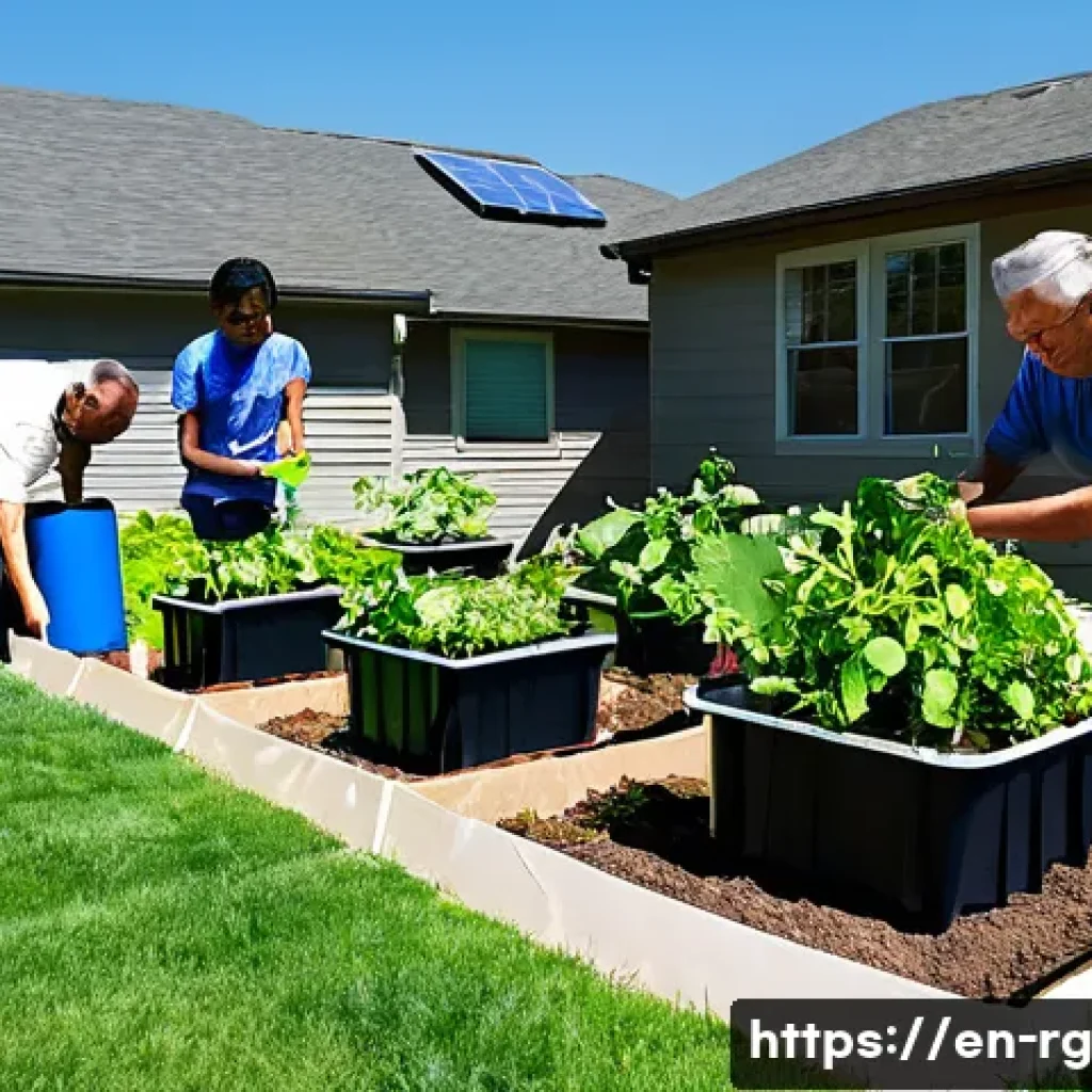 빗물 재활용을 위한 교육 프로그램 - A detailed outdoor community workshop scene in a sunny suburban backyard, featuring a diverse group ...