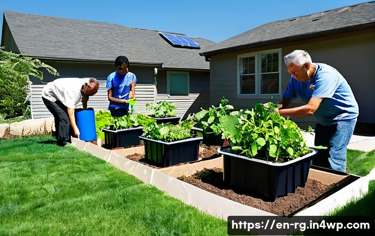 빗물 재활용을 위한 교육 프로그램 - A detailed outdoor community workshop scene in a sunny suburban backyard, featuring a diverse group ...