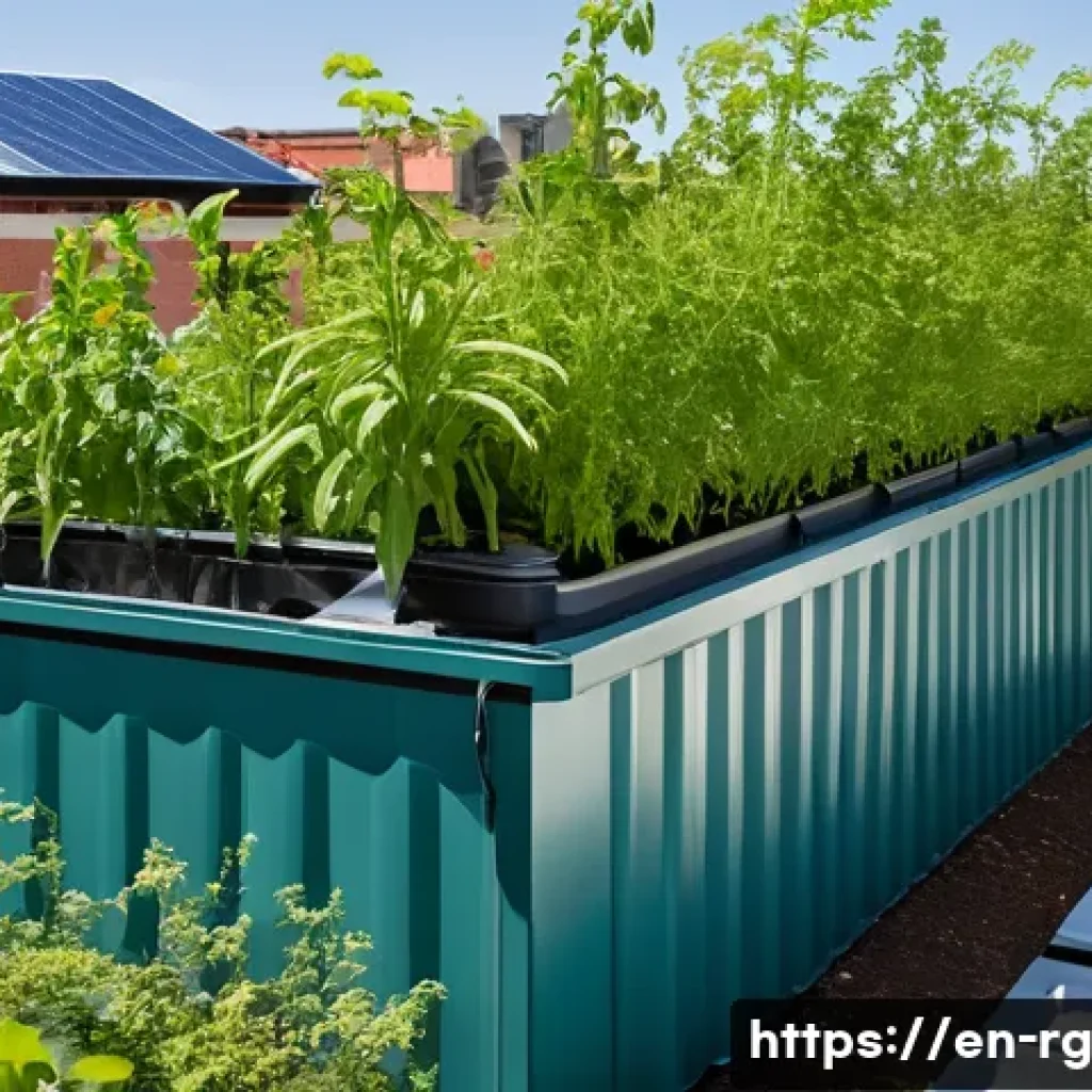 빗물 재활용과 지역사회의 연계성 - A modern urban rooftop garden featuring a sleek rainwater harvesting system with gutters channeling ...