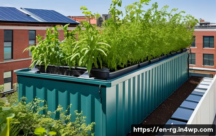 빗물 재활용과 지역사회의 연계성 - A modern urban rooftop garden featuring a sleek rainwater harvesting system with gutters channeling ...