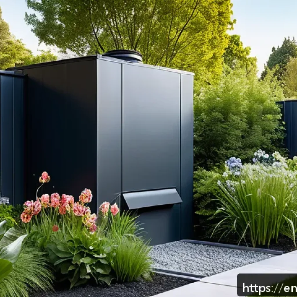 주택에서의 빗물 재활용 기술 도입 사례 - A modern suburban backyard featuring a sleek, slimline rainwater storage tank mounted against a styl...