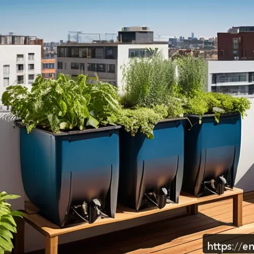 Home 31 빗물 재활용 시스템의 미래 전망 - A modern urban balcony garden featuring a compact rainwater harvesting system with sleek storage bar...