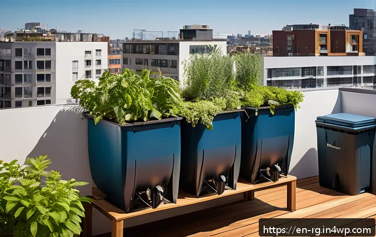 빗물 재활용 시스템의 미래 전망 - A modern urban balcony garden featuring a compact rainwater harvesting system with sleek storage bar...
