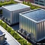 Home 18 상업용 빗물 재활용 시스템의 운영 효과 - A modern commercial building rooftop featuring a large, sleek rainwater harvesting system with modul...