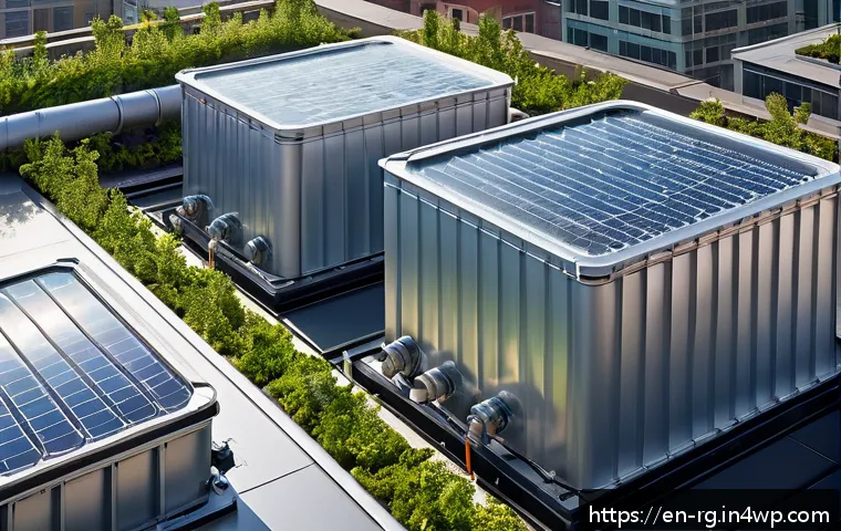 상업용 빗물 재활용 시스템의 운영 효과 - A modern commercial building rooftop featuring a large, sleek rainwater harvesting system with modul...