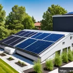 Home 23 빗물 재활용과 대체 에너지 사용 - A modern suburban home rooftop equipped with sleek monocrystalline solar panels under a bright blue ...