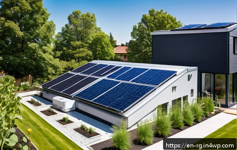 빗물 재활용과 대체 에너지 사용 - A modern suburban home rooftop equipped with sleek monocrystalline solar panels under a bright blue ...