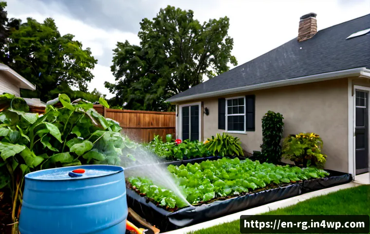 Home 30 주택에서의 빗물 재활용 효과 분석 - Photorealistic suburban American home after a gentle rain, clean rooftop gutters directing water int...