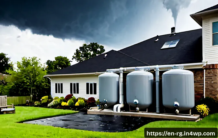 Home 17 자연재해 대비 빗물 재활용 시스템 - Photorealistic suburban American home prepared for severe storm season, large rooftop gutters feedin...