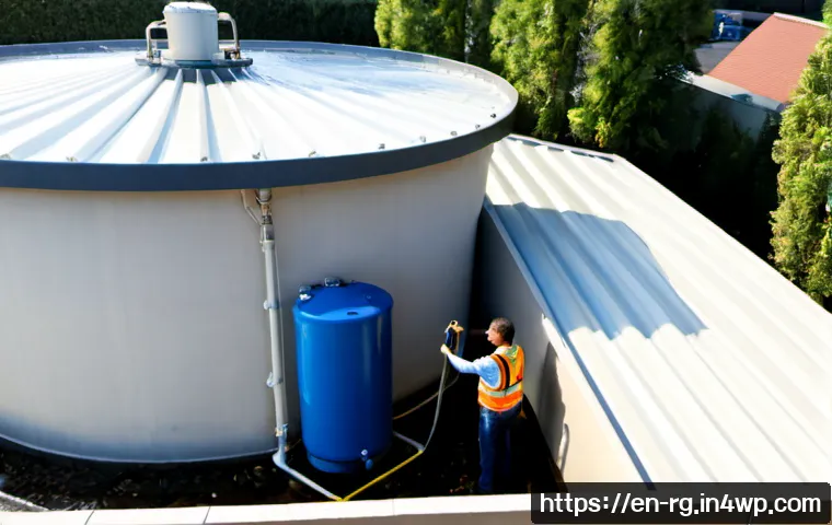 Home 17 상업용 빗물 재활용 시스템 구축 - Photorealistic commercial rainwater harvesting system beside a modern suburban office building, larg...