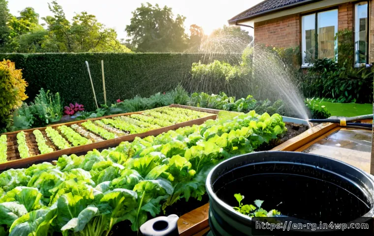 Home 11 빗물 재활용의 환경 보호 효과 - Photorealistic suburban home garden after a gentle rain, clean rooftop gutters directing rainwater i...