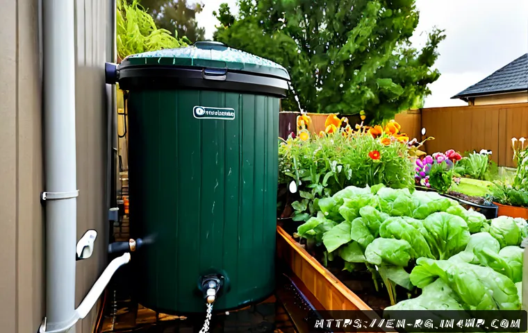 Home 13 빗물 재활용을 위한 친환경 제품 - Photorealistic suburban backyard rainwater harvesting system, a clean dark-green rain barrel connect...